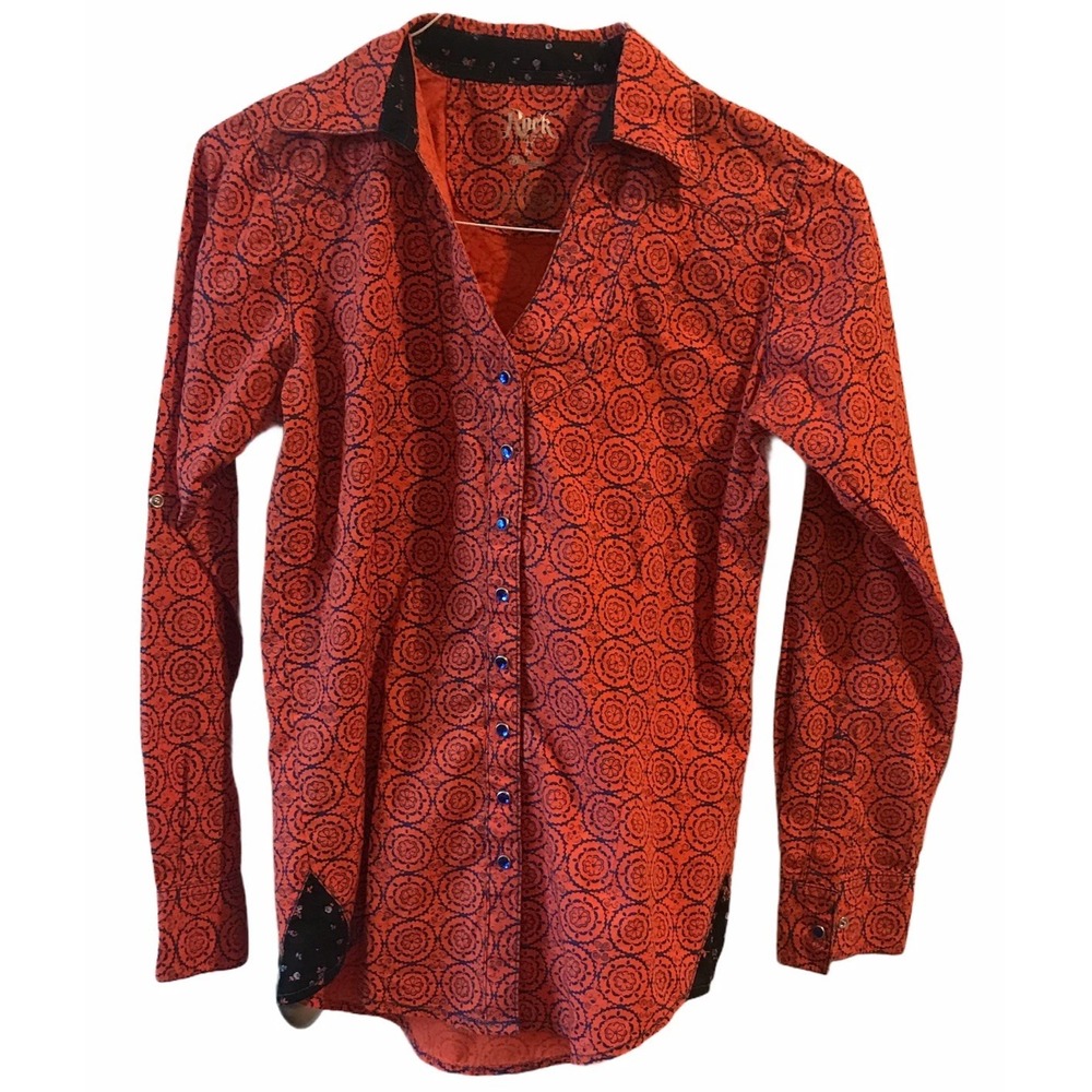 Rock 47 by Wrangler Western Shirt Womens S Orange Medallion Snap Excellent